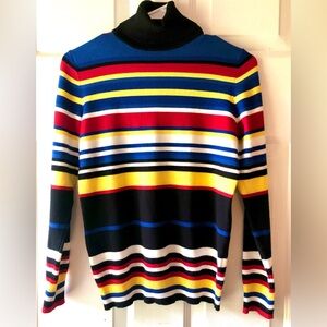 Joseph A. Blue Red Yellow Black Bold Stripe Rayon Nylon Turtleneck Sweater Small